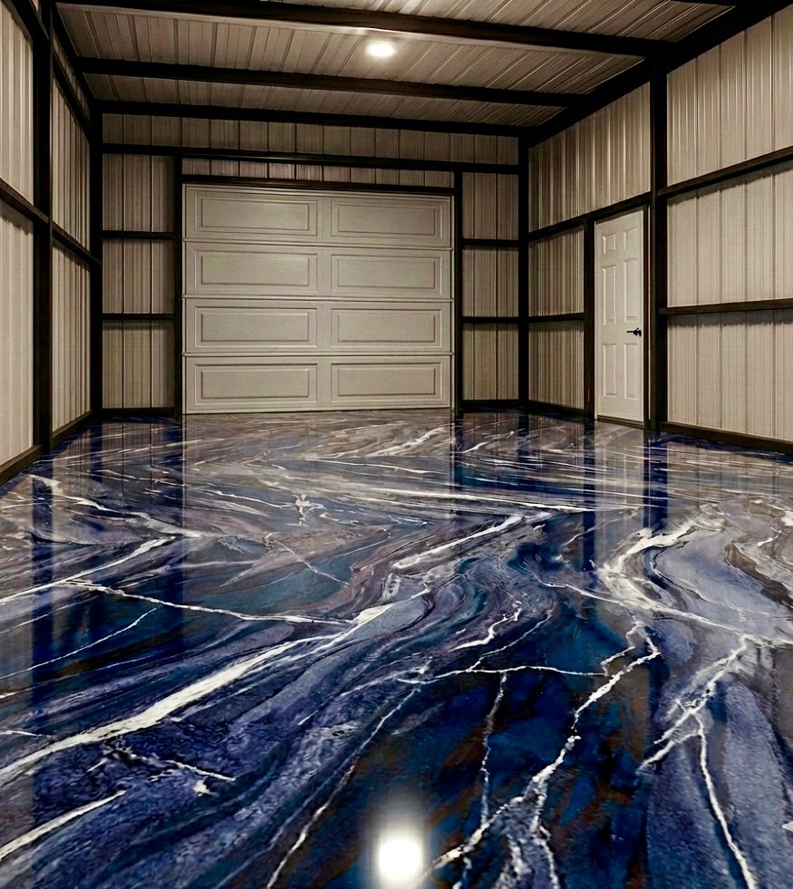 Blue metallic epoxy shop floor by PGC